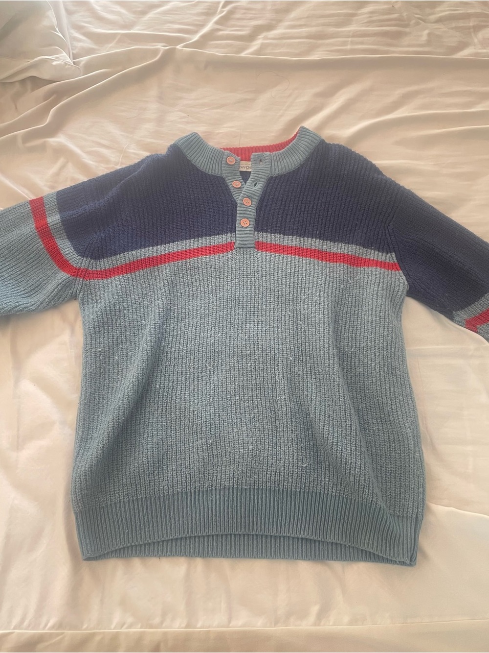 Men's Colorblock Knit Sweater - Light Blue & Navy with Red Stripe